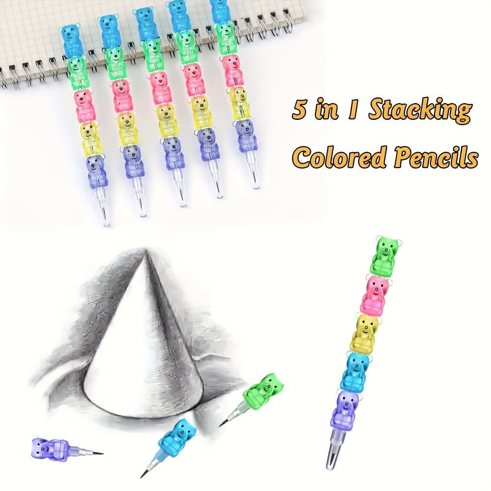 Bear Stackable Pencils 5-in-1 HB 59pcs No Sharpening Needed – Cute Cartoon Multicolor Snap Together Pencil Set Party Favor School Supply Gift for Kids Ages 4+ Birthday Easter Christmas