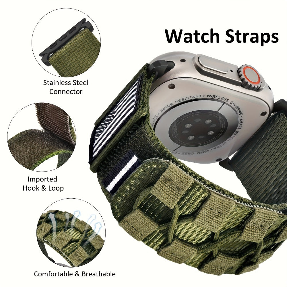 Rugged Nylon Apple Watch Band Men Sport Loop Soft Woven Adjustable Hook Loop Strap Compatible with Apple Watch Ultra 3 2 1 Series 1-11 SE 42mm 44mm 45mm 46mm 49mm Army Green Black Blue Orange Outdoor Hiking Gym