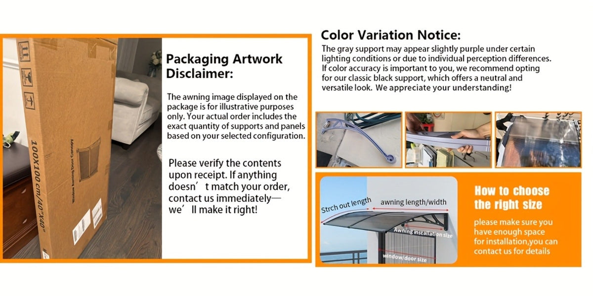 Window Awning Door Canopy Polycarbonate Overhang – UPF 50+ UV & Rain Protection, Leak-Proof Hollow Sheet, Weather-Resistant Outdoor Patio Awning for Doorways, Windows, Storefronts – Multiple Sizes & Colors