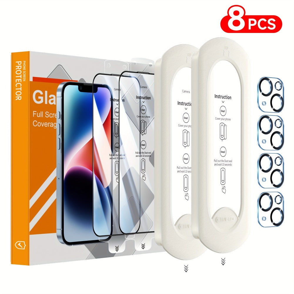 9H Tempered Glass Screen Protector for iPhone 8-Pack with Alignment Tool – 4 Screen + 4 Camera Lens, HD Clear, Bubble-Free, Case Compatible, iPhone 16 Pro Max / 15 / 14 / 13 / 12 / 11 Series
