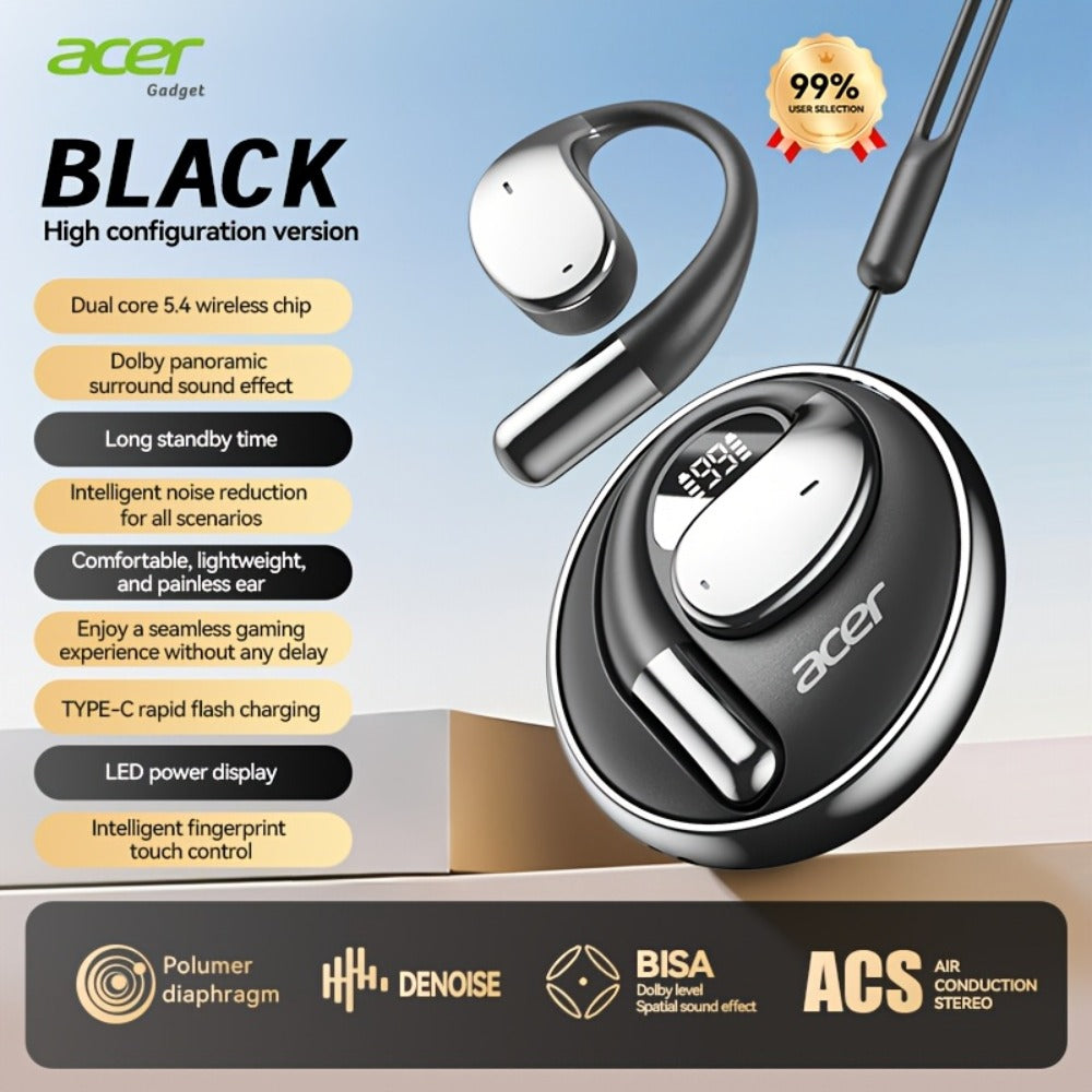 Acer TWS Wireless Earbuds Hook Design Low Latency Gaming 2025 New – HiFi Deep Bass Noise Reduction Ultra-Long Battery Touch Control Lightweight for Sports Running Daily Use