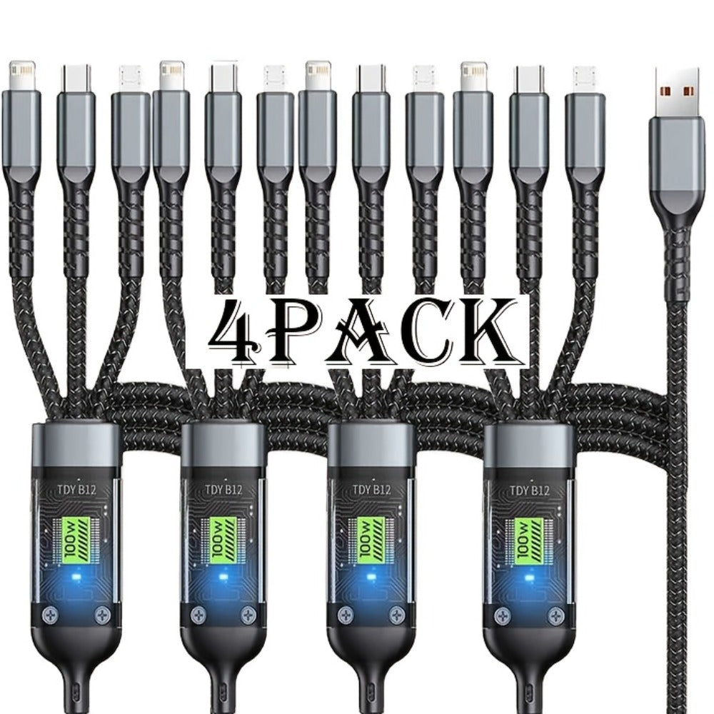 MFi Certified 3-in-1 Charging Cable 100W Fast Charge 4/8 Pack – 1.2m Nylon Braided USB Cable Type-C Micro USB Lightning for iPhone iPad Samsung Android, Multi Connector Multi Pack Phone Charger Cord