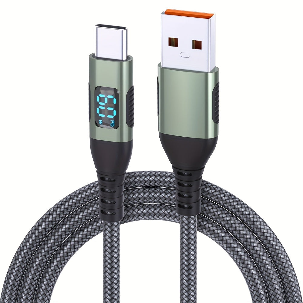 USB-A to USB-C Cable with LED Digital Display, 3A Fast Charging & 480Mbps Data Sync, Nylon Braided Anti-Overheat, for iPhone 15 Samsung Galaxy LG Android – Green (1pc/2pcs)