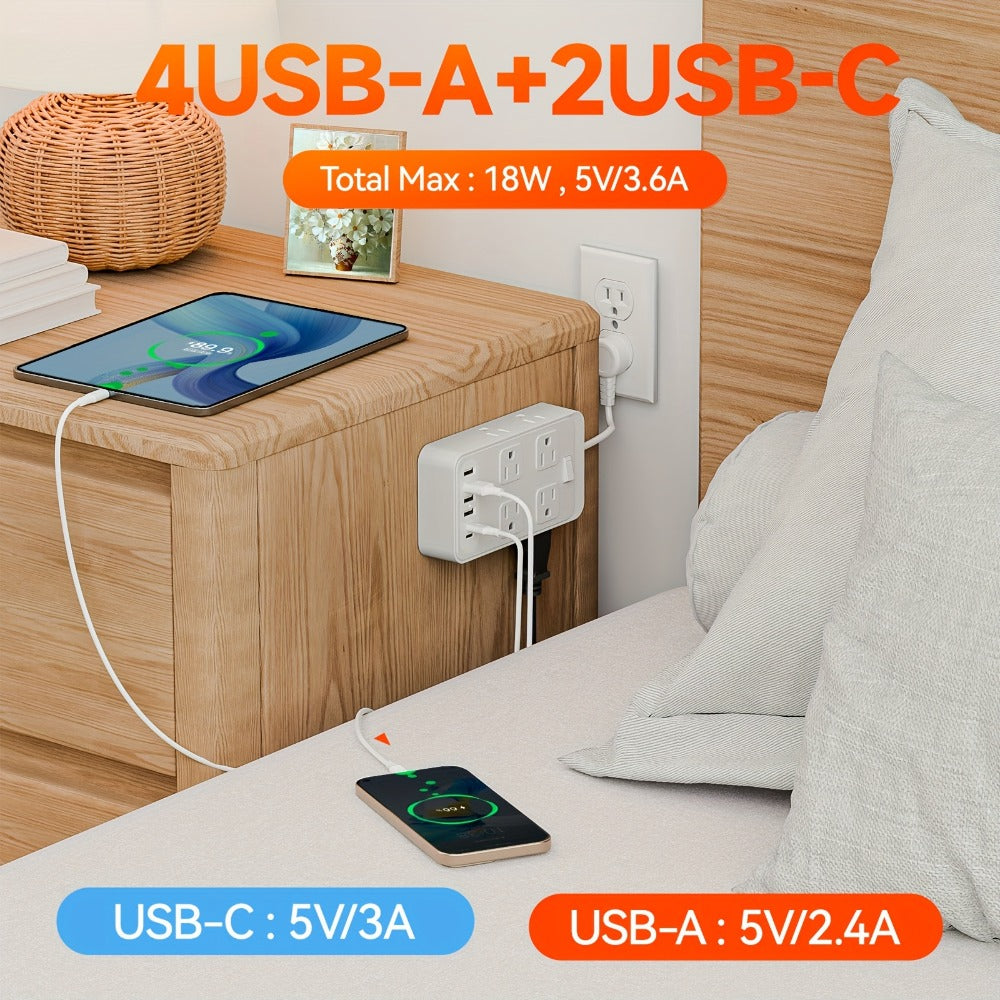 One-Touch Switch Desk Charging Station 14-in-1, 8 Widely Distributed AC Outlets & 6 USB Ports (4 USB-A + 2 USB-C), Surge Protection, Compact Portable Power Strip for Home Office Desktop – Safe & Organized