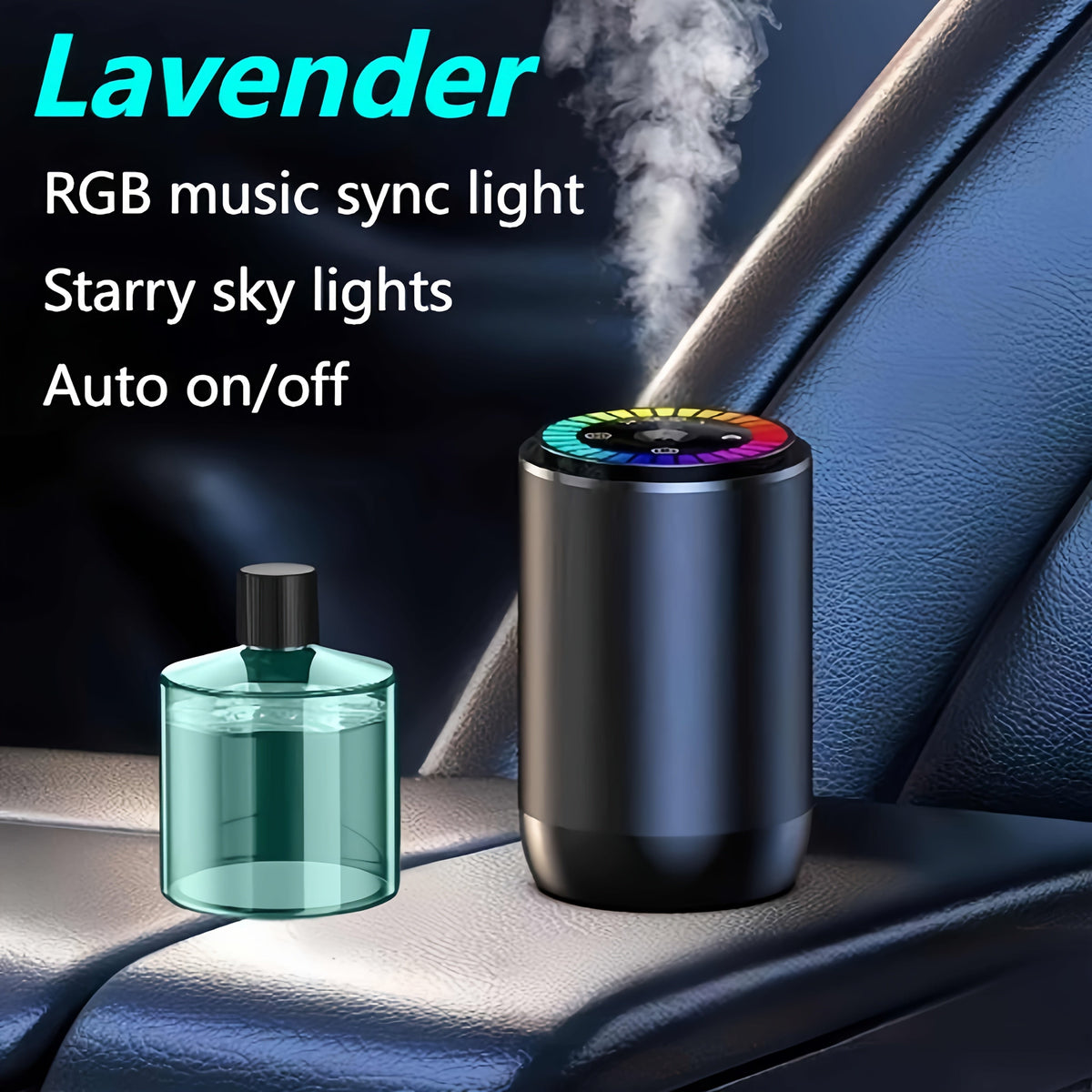 Car Air Freshener Aromatherapy Diffuser with Starry Sky Light Show, USB Rechargeable, Adjustable Fragrance – Natural Essential Oil Scents (Lavender, Ocean, Cologne, Gardenia)
