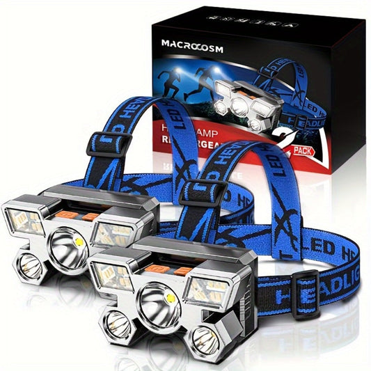 USB Rechargeable LED Headlamps, 2-Pack with 5 LEDs & Adjustable Headbands