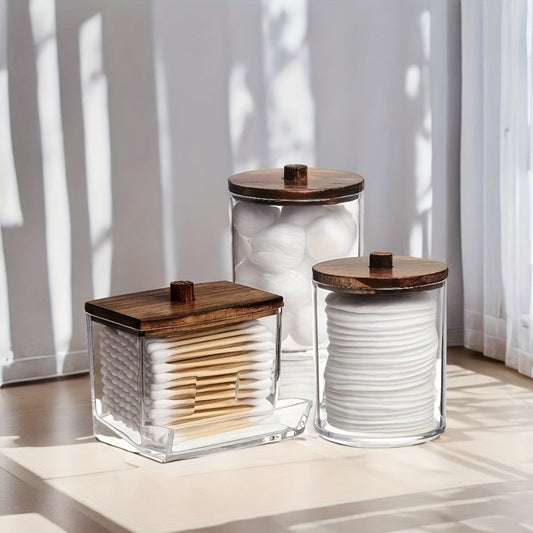 Glass Storage Jars with Bamboo Lids, 3 Jars and 3 Lids for Bathroom Vanity