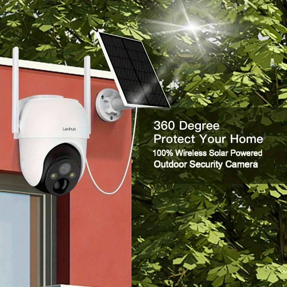 Wire-Free Solar Outdoor Security Camera 3MP PTZ 360° Pan-Tilt, AI Human Detection, Color Night Vision, Two-Way Audio, 2.4G WiFi, Cloud & SD Storage – Laxihub GO2T Wireless Weatherproof Camera