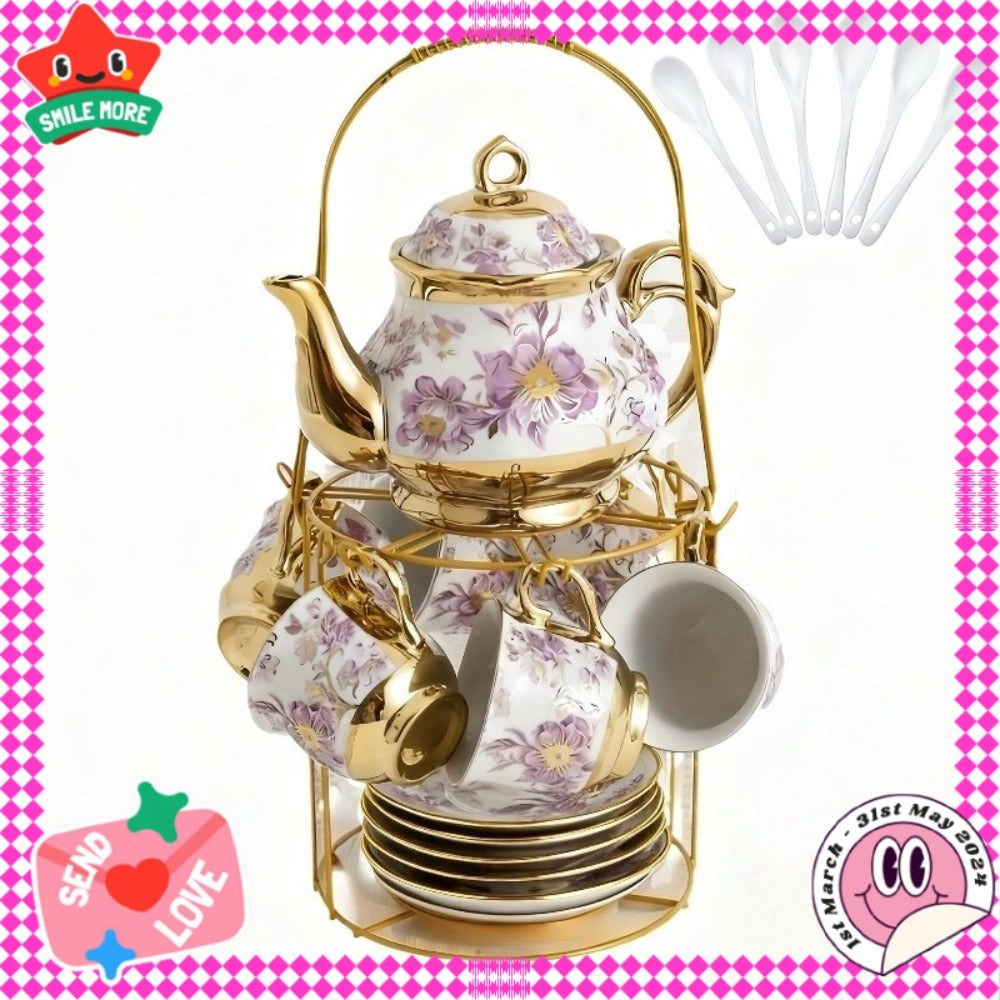 European Floral Ceramic Tea Set 20 Pcs – Italian Style Afternoon Tea Set with Metal Stand – Blooming Pattern Teapot & Cups – Elegant Gift for Tea Lovers & Special Occasions – Golden