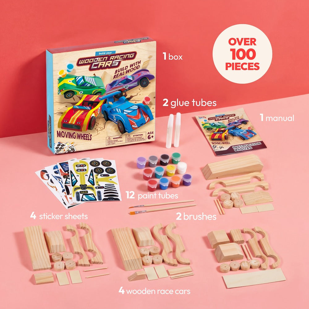 DIY Wooden Race Car Kit, 4 Cars to Build and Paint for Kids Ages 8+