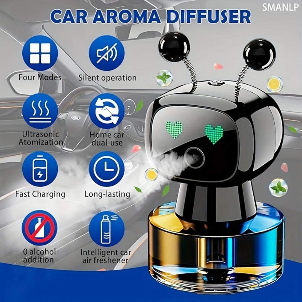 Robot Car Air Freshener Auto Spray – AI Dynamic Expression, 4 Fragrance Gears, Car Start/Stop Trigger, 5 Scents, Cool Vent Clip Car Decoration Gift for Men & Women