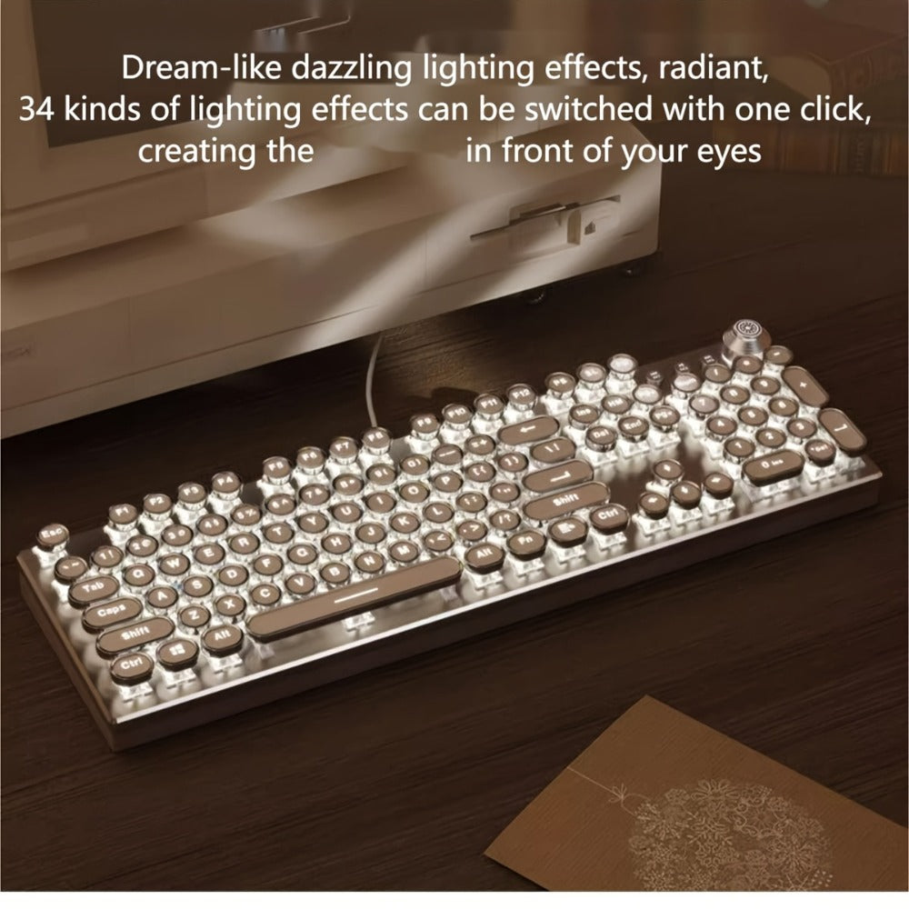 Cyberpunk Retro Typewriter Mechanical Keyboard 104 Keys Full-Size with Multi-Function Knob Backlit Round Keys Ergonomic Spill-Proof USB Wired for Desktop Laptop Windows Mac Gaming Typing