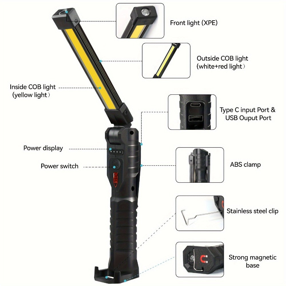 COB LED Work Light Magnetic Base Rechargeable USB 20000 Lumens 7 Modes 180° Rotation Portable Hanging Flashlight with Built-in Battery Power Bank Function for Workshop Garage Car Repair 1/2/4 Pack