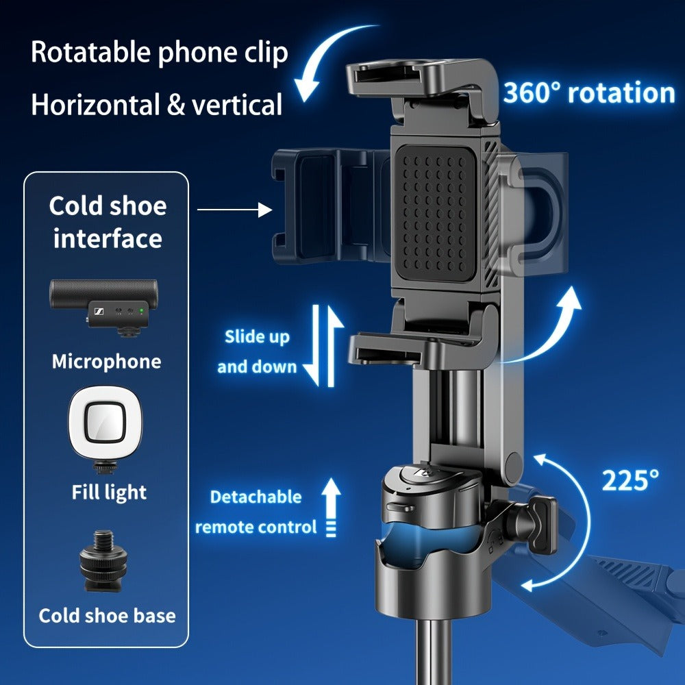 DSLR-Style Grip Selfie Stick Tripod 3-in-1 with 16 Inch Extendable Arm One-Click Unfold Stand & Wireless Bluetooth Remote – Portable Phone Stand for Concerts Hiking Desktop Live Streaming iPhone Android