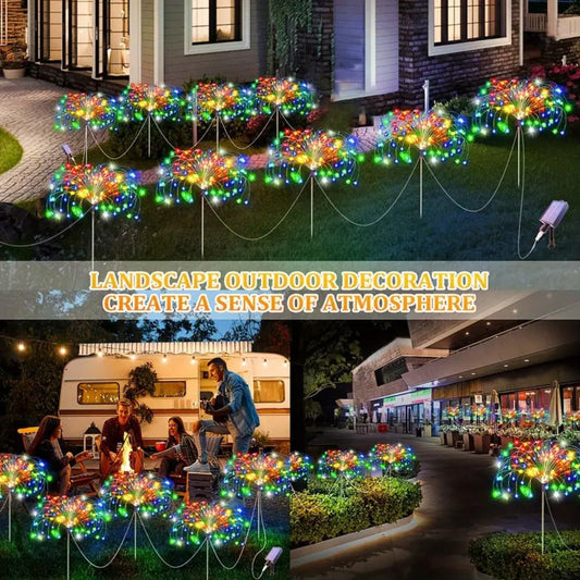 Solar LED Firework Garden Lights Outdoor 8 Modes – 320/680 LED Starburst Stake Light Warm White Colorful for Patio Walkway Camping Wedding Halloween Party Decoration – Single/4/6 Pack