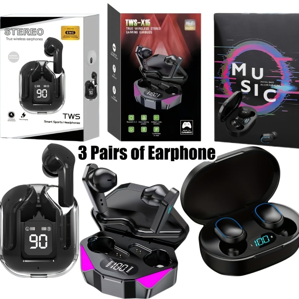 3-Pack TWS Wireless Earbuds Set Bluetooth 5.4 Noise Canceling Microphone LED Display Touch Control Gift for Women Music Lovers Compatible iOS Android iPhone