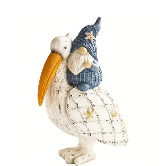 Pelican Gnome Figurine - 11.5-Inch Resin Statue with Starfish & Seashell Accents