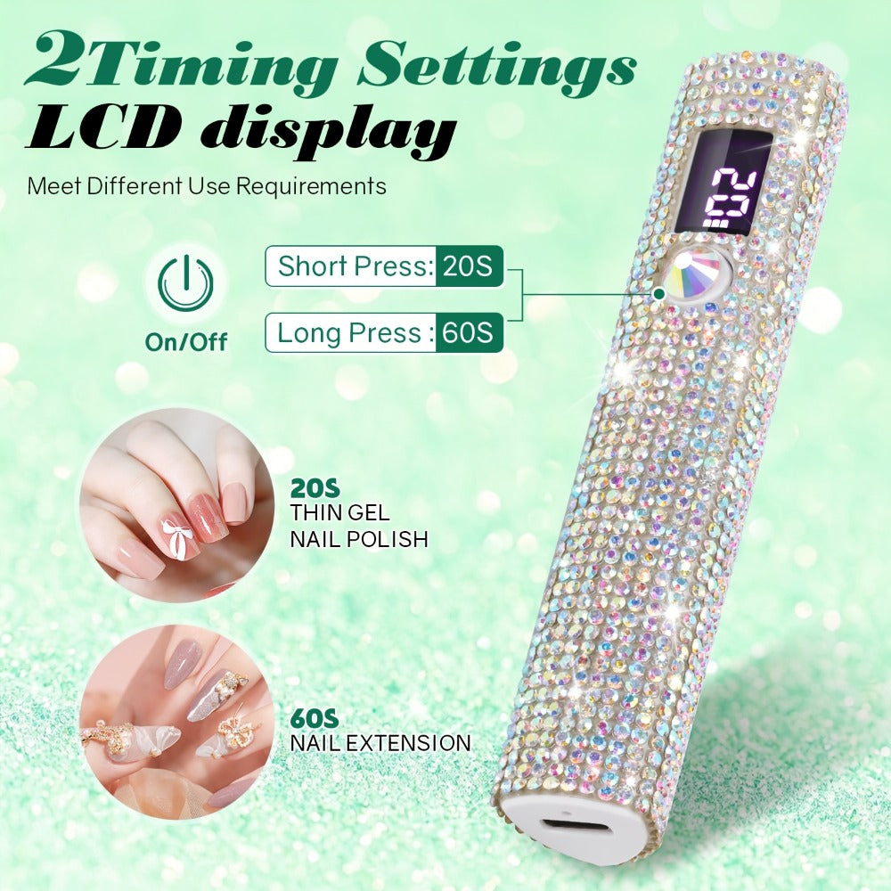 Handheld LED Nail Lamp USB Rechargeable with LCD Display Quick-Dry Gel Polish Curer - Portable Nail Dryer for Fingers & Toes Home Salon Manicure Pedicure, Silvery Diamond Design for Nail Techs & DIYers