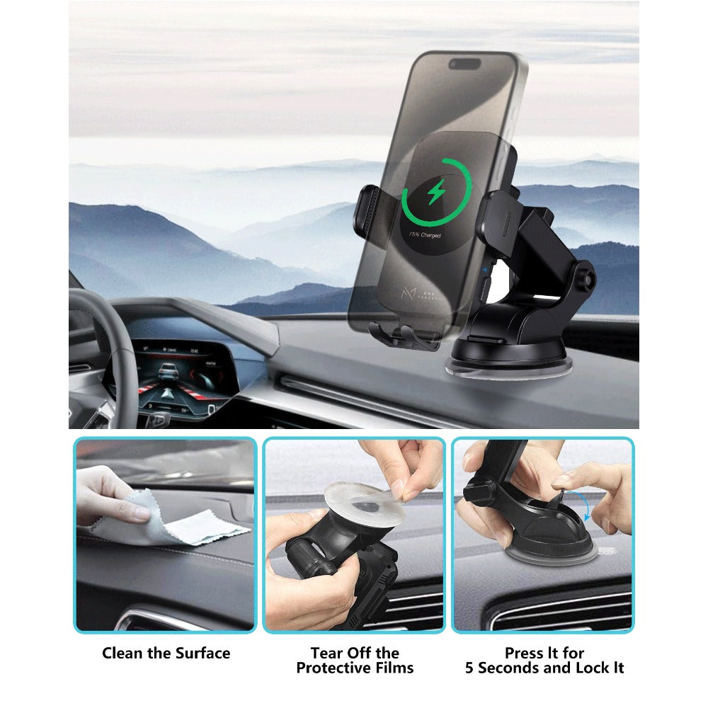Auto-Clamping Car Wireless Charger 15W Blue Gold Stylish Vent Clip Phone Mount 360° Rotation for iPhone 16 15 14 13 12 11 Pro Max, Samsung Galaxy S24 S23 S22 S21, All Qi Devices – Blue & Gold