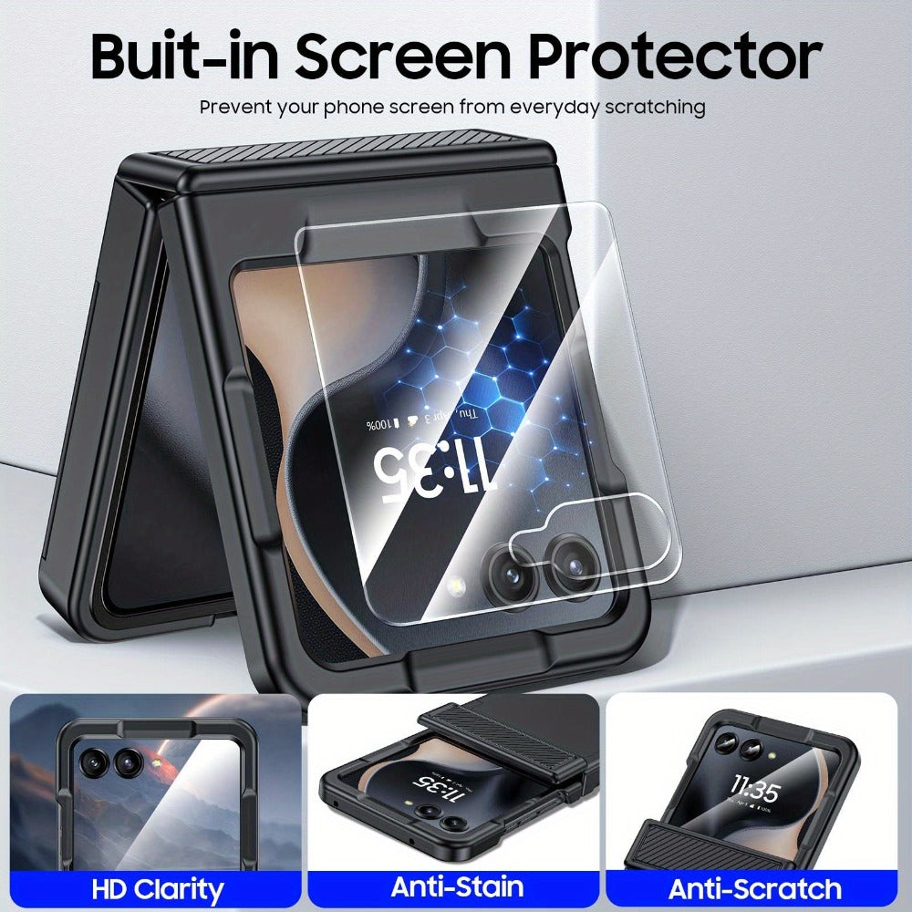 Motorola Razr 2025 2026 Hinge Protector Case with Built-In Screen Protector Card Slot & Lanyard - Shockproof Scratch-Proof Hard PC Flip Phone Cover for Razr 2025 Razr 2026 Complete Protection