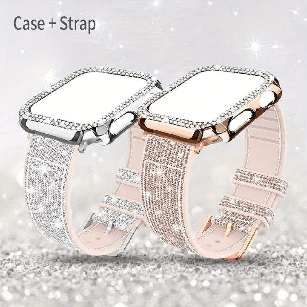 Apple Watch Band with Case Crystal Rhinestone Bling, Chameleon Color-Shift Strap + Shockproof Hard PC Cover, Compatible with Apple Watch Series 1-9 SE Ultra 38mm to 49mm S10 – Rose Gold Black Silver Women