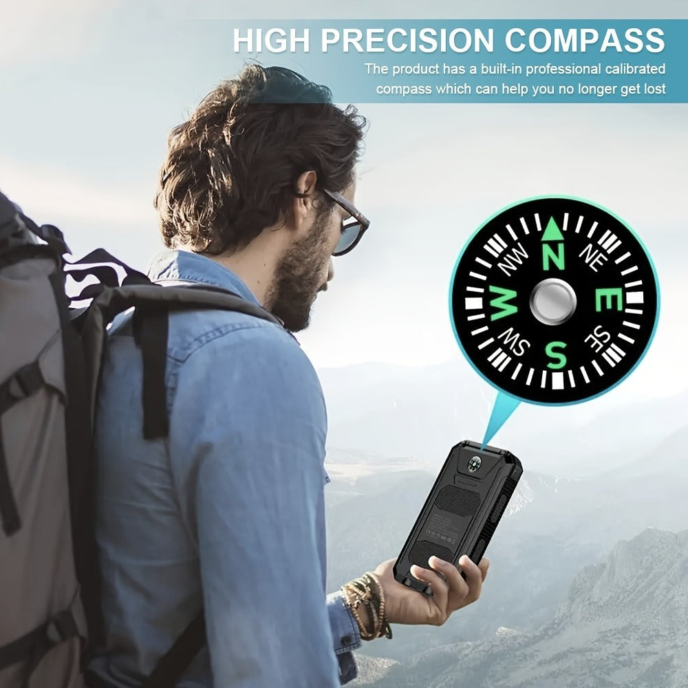 20000mAh Solar Power Bank with Built-In Flashlight & Compass – Dual USB Portable Charger for Camping Hiking Emergency Survival Outdoor Use, Compatible with All Mobile Devices, iPhone Android Samsung