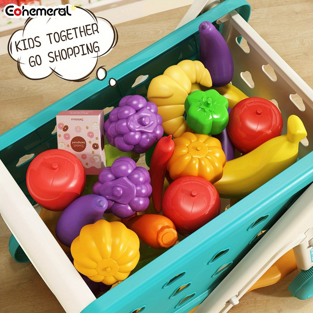 Pretend Play Shopping Cart Set with Toy Food for Grocery Store Role Play