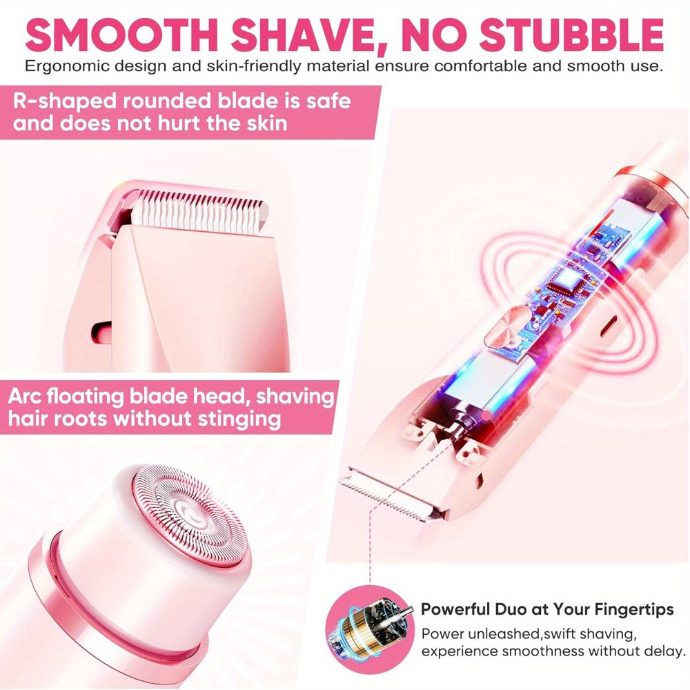 Electric Hair Removal Shaver Women 2-in-1 Dual Head USB Rechargeable - Stainless Steel Blades Cordless Epilator for Face Legs Bikini Line Underarms Intimate Areas - Pink Purple Blue