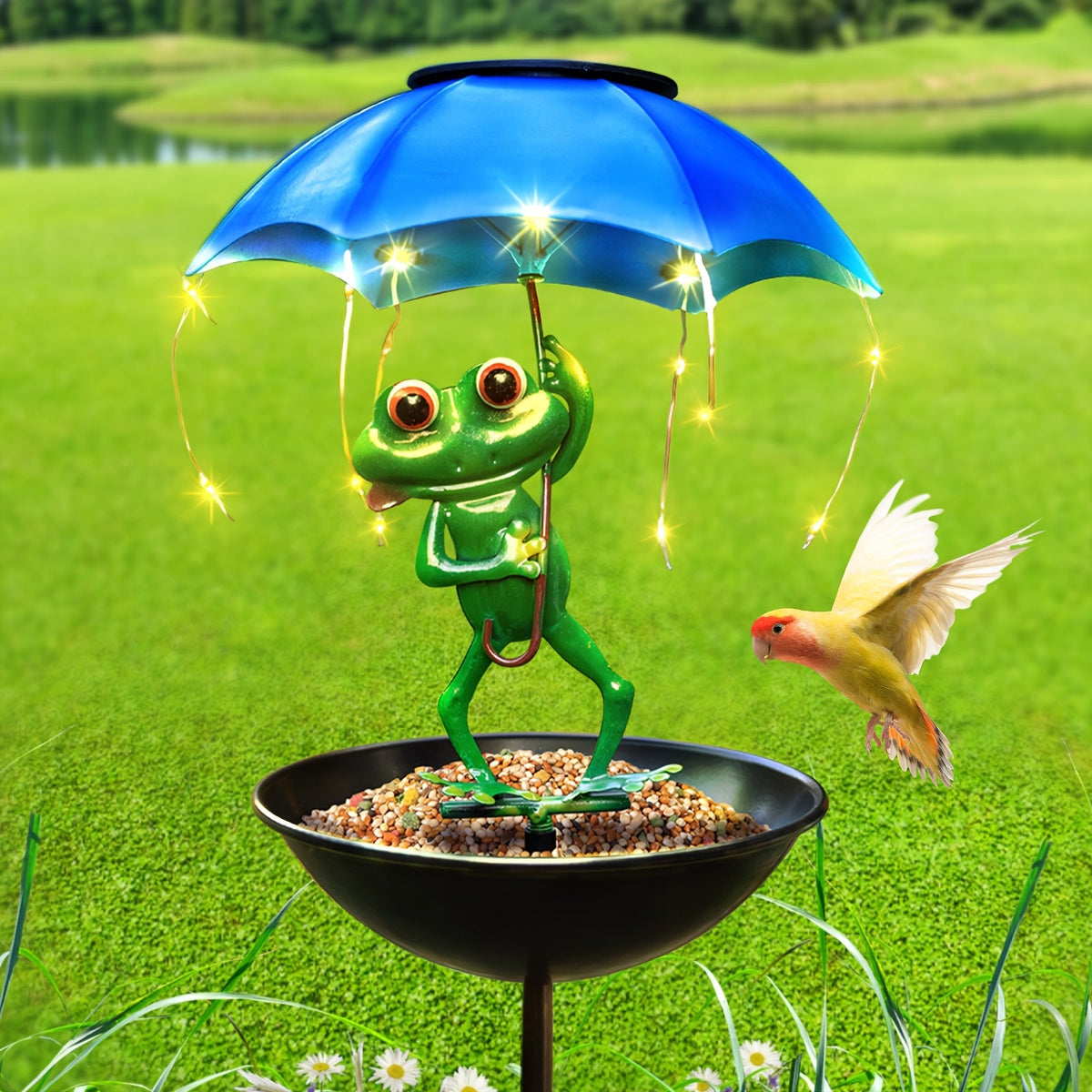 Solar Garden Decor Frog with Umbrella LED Light – Iron Frog Outdoor Statue with Solar Powered LED | Bird Feeder Garden Ornament for Patio, Lawn, Pathway & Deck | Unique Valentine Gift Yard Decoration