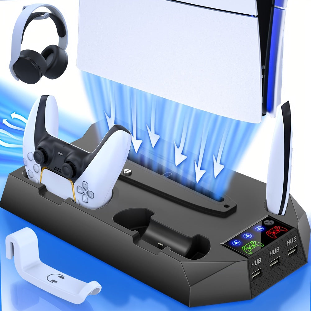 PS5 Cooling Charging Station 5-in-1 with Turbo Fan, Dual Controller Charger, 3-Port USB Hub & Headset Holder – Compatible with PlayStation 5 Slim Pro Standard Disc Digital Edition, 19-Inch USB Cable, Christmas Gift