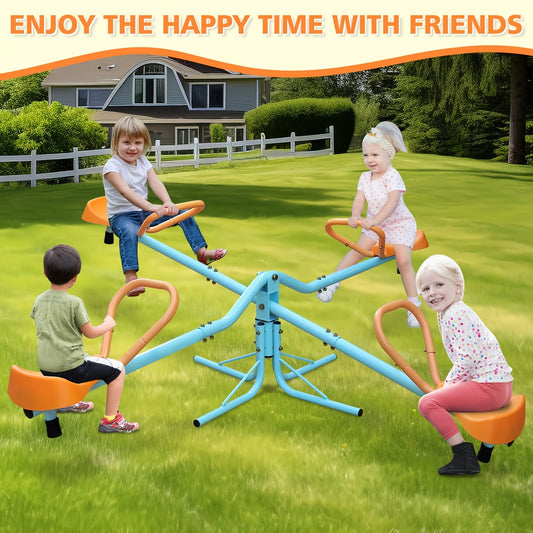 Metal Seesaw for Kids, 4-Seat 360° Rotating Teeter Totter in Blue