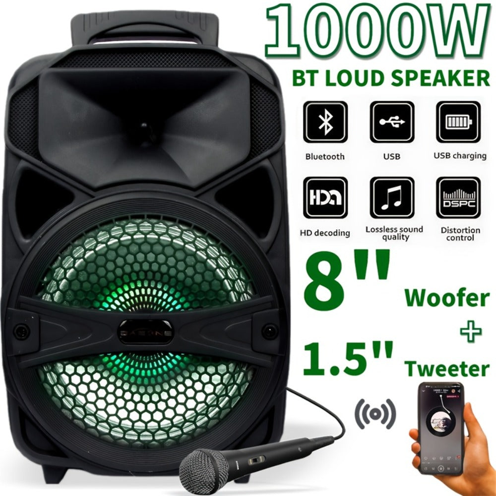 1100W Party Speaker with 7-Mode LED Lighting & Microphone – Portable Wireless Subwoofer, 8-Inch Bass Driver, Speaker Stand, 1800mAh Rechargeable Battery, TF USB AUX FM for Outdoor Parties & Karaoke