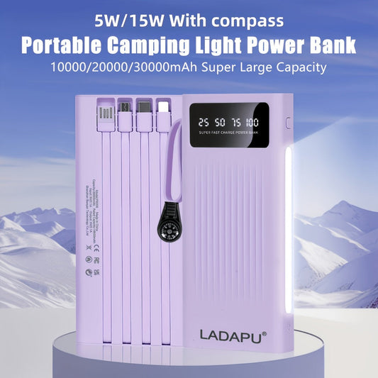 30000mAh Large Capacity Power Bank 15W Fast Charging with 4 Built-In Cables & 4-Mode Camping Light, Business Minimalist Portable Charger 10000mAh 20000mAh Compatible with iPhone Android – Black Purple White