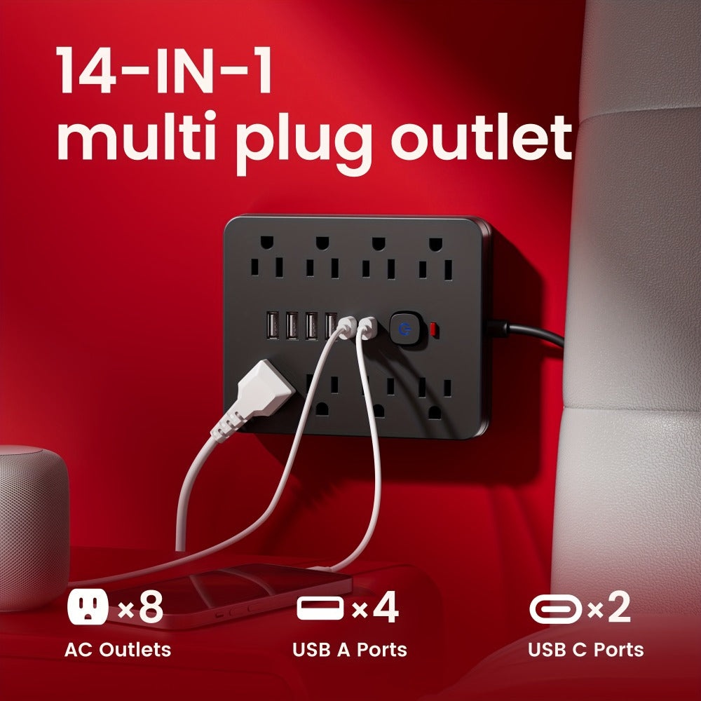 Flat Plug Wall Mount Power Strip 14-in-1 Surge Protector - 8 AC Outlets, 4 USB-A & 2 USB-C Ports, 5ft/10ft Extension Cord, Overload Protection, Desktop Charging for Home Office