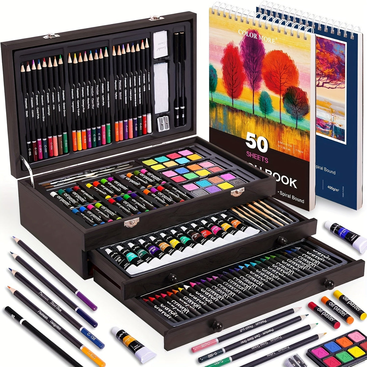 175-Piece Deluxe Art Set in Wooden Case – Drawing Pads Crayons Acrylic Paints Colored Pencils Complete Professional Art Kit Gift for Kids Teens Adults Birthday Christmas