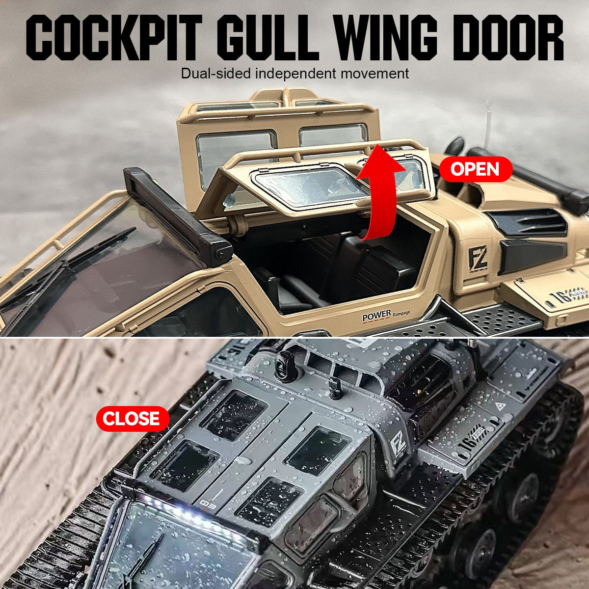 Full-Proportional RC Tracked Tank with LED Lights, Alloy Body Military Vehicle, Grey or Brown