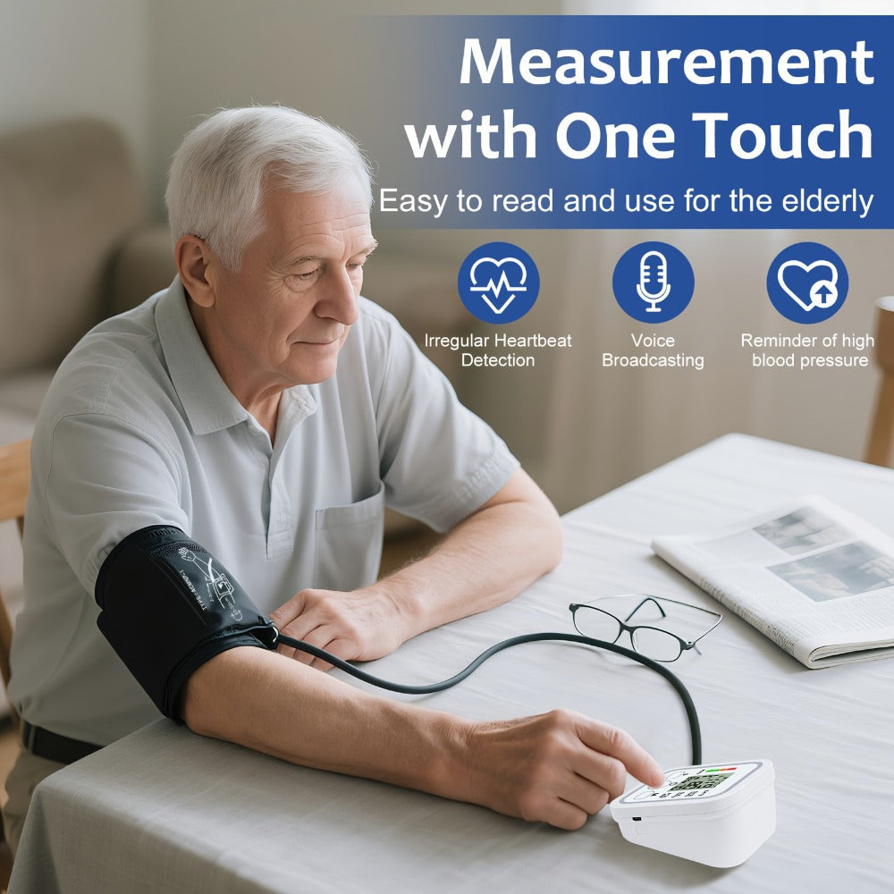 Upper Arm Blood Pressure Monitor – Large LCD, Voice Broadcast, Heart Rate & Irregular Heartbeat Detection, 2×99 Memory, 8.7–14.2" Adjustable Cuff, One-Touch Operation for Seniors & Pregnant Women