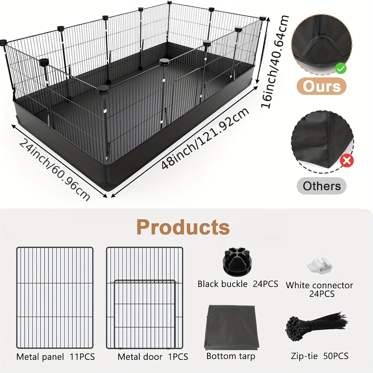 Small Animal Playpen & Guinea Pig Cage – 48'' C&C Cage with PVC Bottom Liner, One-Hand Release Hook & Triple Fixing, Indoor Enclosure for Rabbit, Bunny, Hedgehog