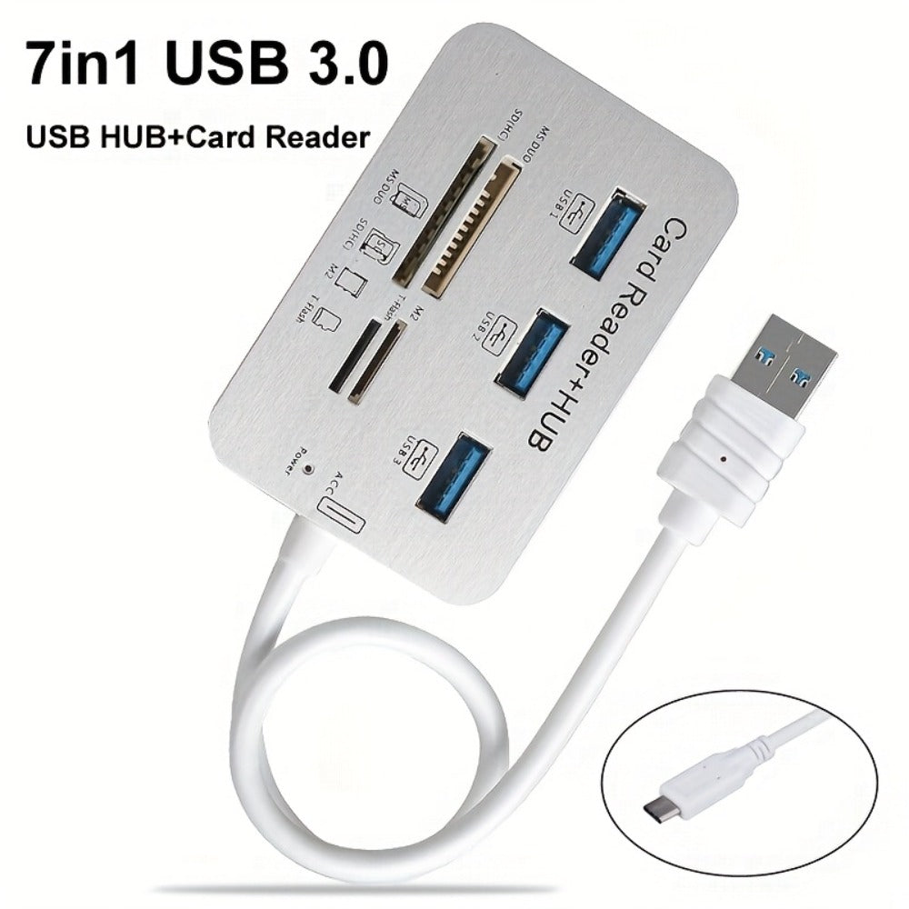 7-in-1 USB C Hub with SD TF MS M2 Memory Card Reader Adapter – 3 & 4 Port USB 3.0 Extender for PC, Laptop, MacBook, Mouse, Keyboard, Flash Drive, MMC