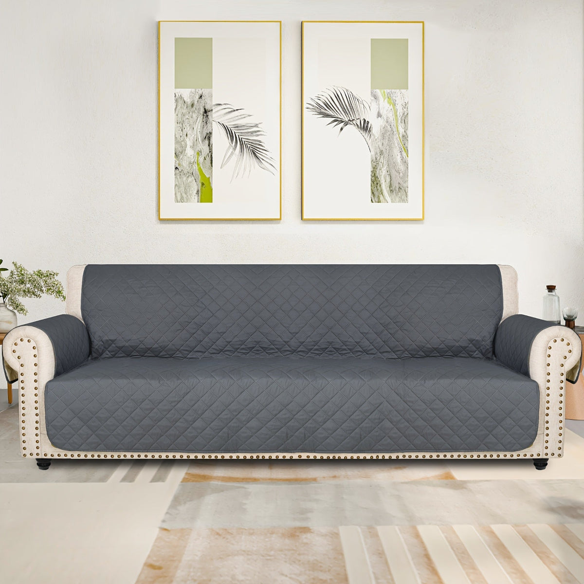 Sofa Slipcover 5-Layer Quilted Thick Sofa Cover Protector Elastic Strap Non-Slip Washable Pet Friendly Universal Fit 3 4 Seater Couch Cover for Living Room - 10 Colors
