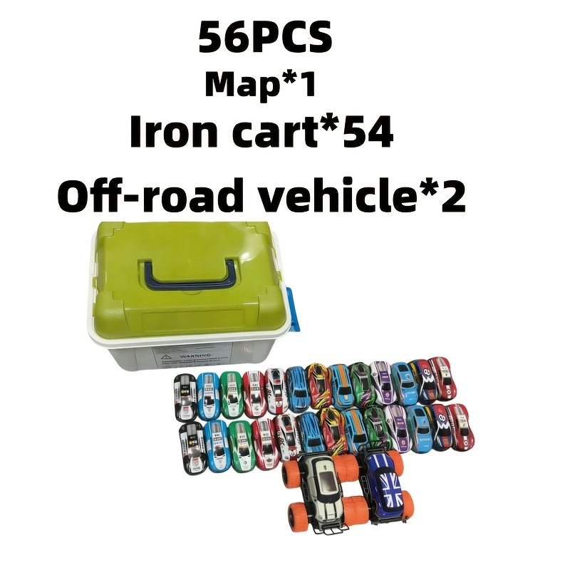 Mini Die-Cast Car Set with 54 Pull-Back Cars, 2 Stunt Cars & Play Mat