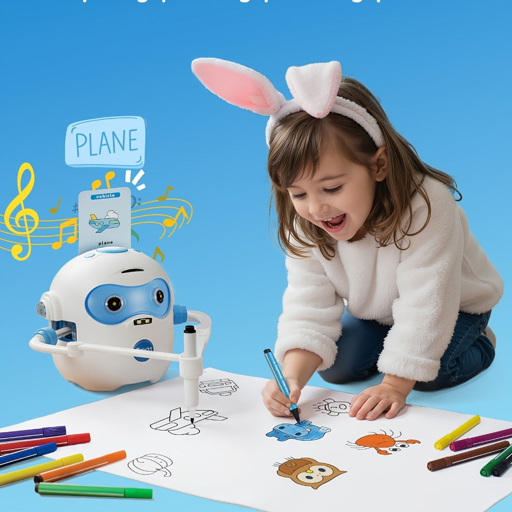 Drawing Robot for Kids Ages 3-8 — Rechargeable 4-in-1 Interactive Learning Machine with 100 Drawing Cards & Color Pens, STEM Art Toy Gift for Boys Girls, Birthday Christmas White Pink