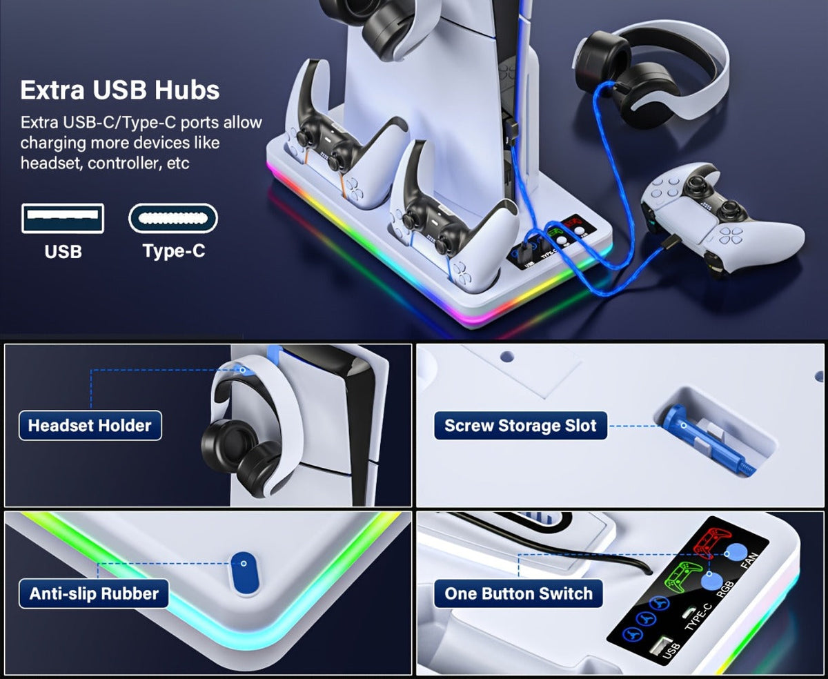 PS5 Cooling Stand with Dual Controller Charging Dock – Compatible with PS5/Slim/Pro Standard & Digital Edition, 3-Speed Fan, 10 RGB Lights & USB Hub, PlayStation 5 Gaming Accessories