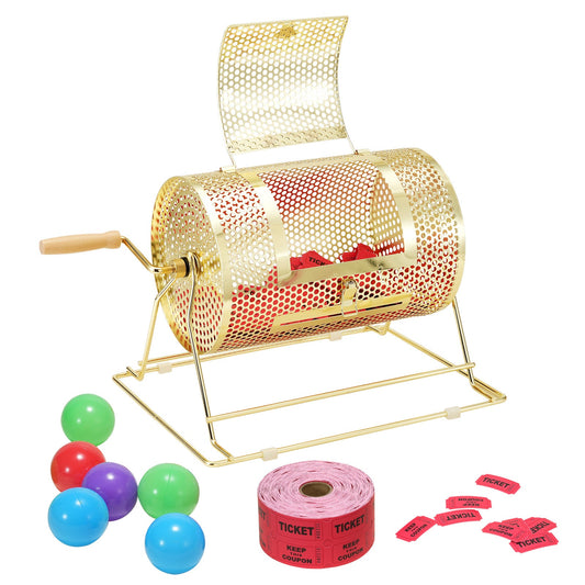Raffle Drum with Brass-Plated Steel Cage and Wooden Handle, 12-Inch Model