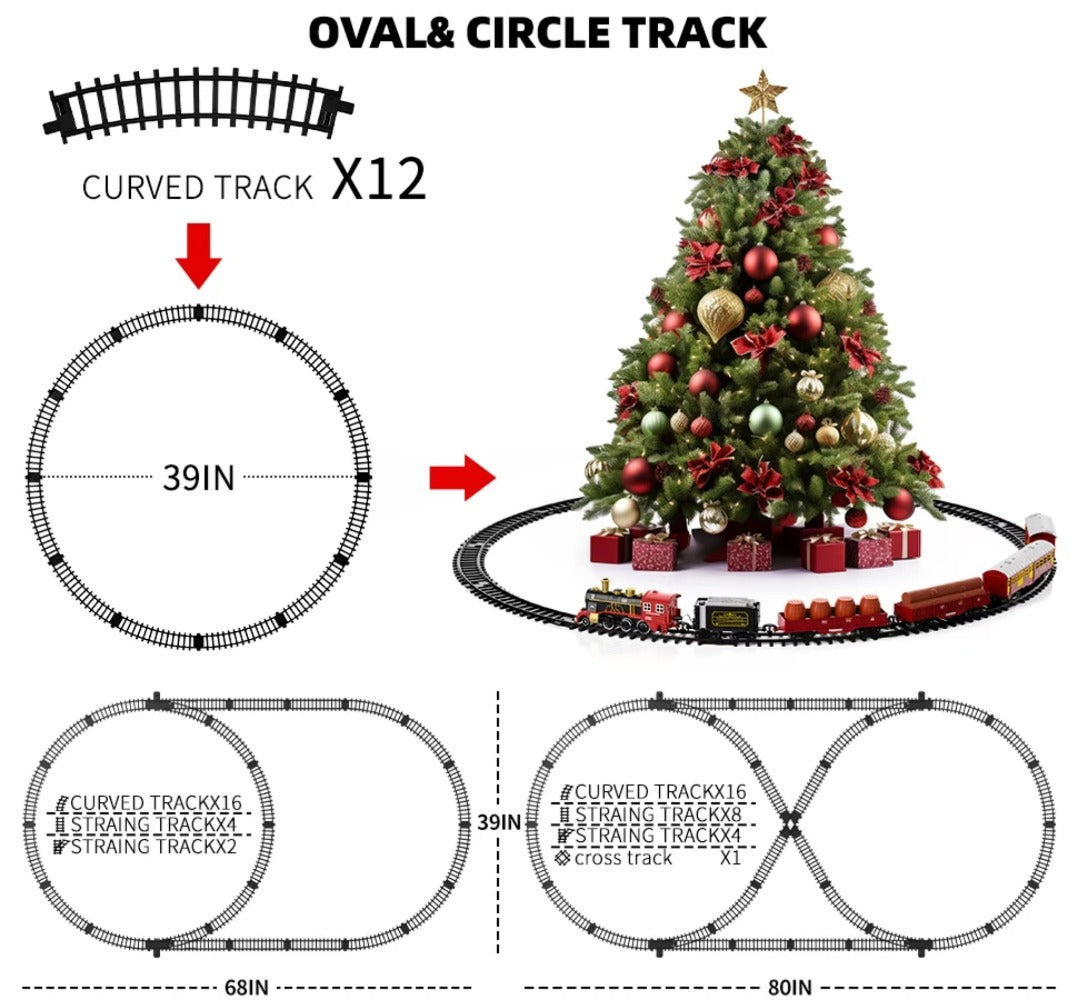 Electric Train Set with Smoke, Lights & Sound – 6-Car Christmas Toy Train with Switch Tracks