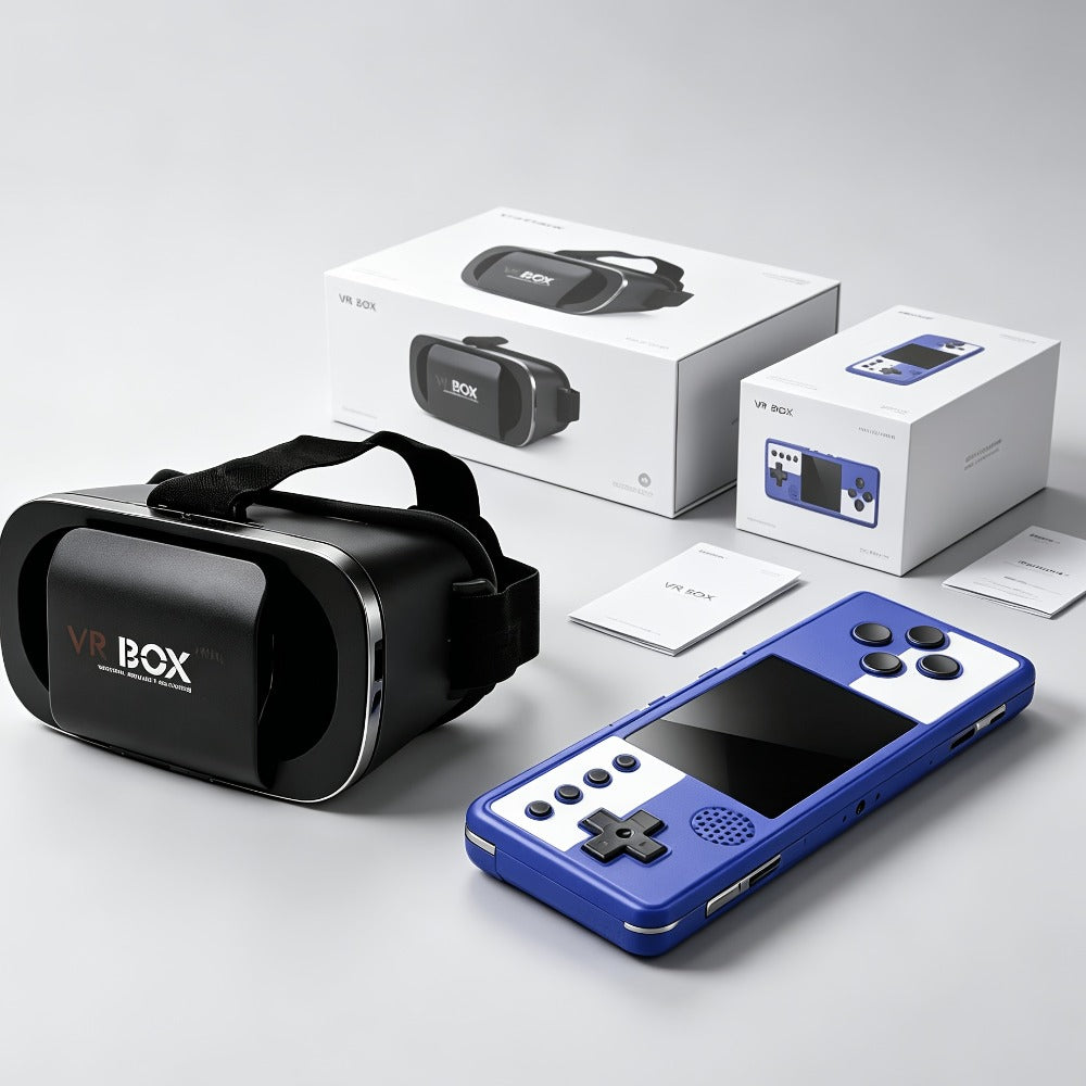 VR Headset & Retro Handheld Game Console Set – Mini 3D HD Virtual Reality Glasses with Portable Game Console, Immersive Gaming, Kids & Adults
