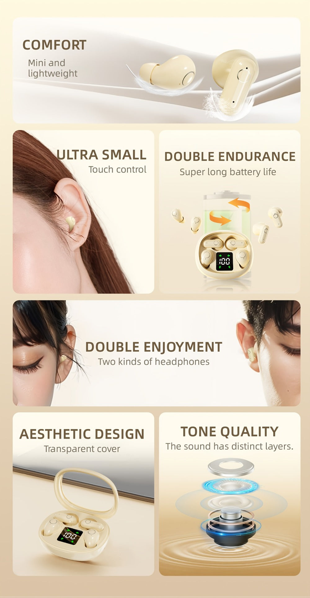 MSHUKCOE 2in1 Sleep Earbuds Invisible Mini Noise Cancelling, 6D HiFi Sound Effect Low Bass Wireless Headphones Long Battery Life, Comfortable Wear for Leisure Office Classroom, Birthday Gift