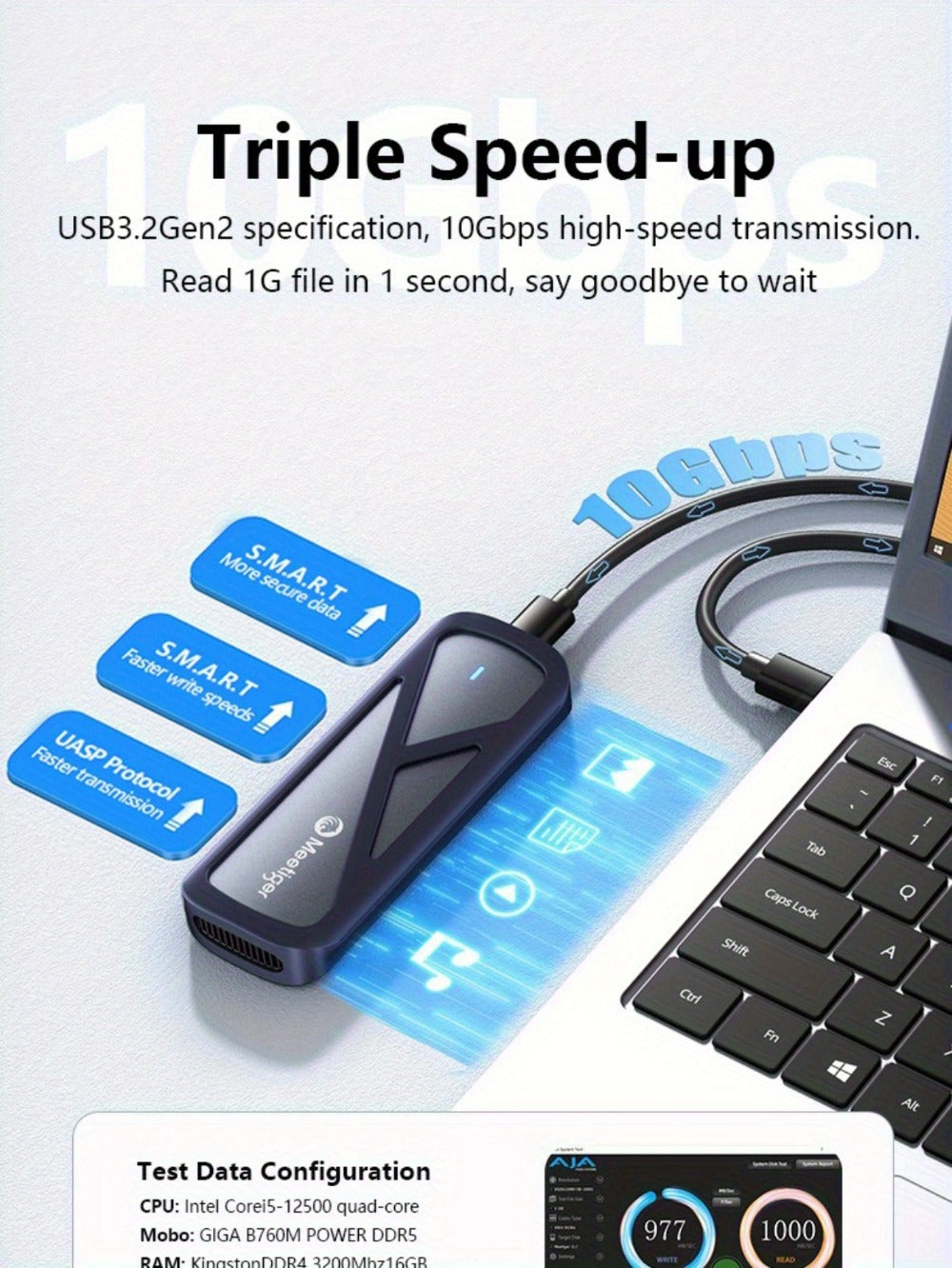 M.2 NVMe/SATA SSD Enclosure 10Gbps USB Adapter – Supports M & B+M Key, 2230/2242/2260/2280, Portable Metal SSD Case for PC, Mac, Laptop | Plug & Play