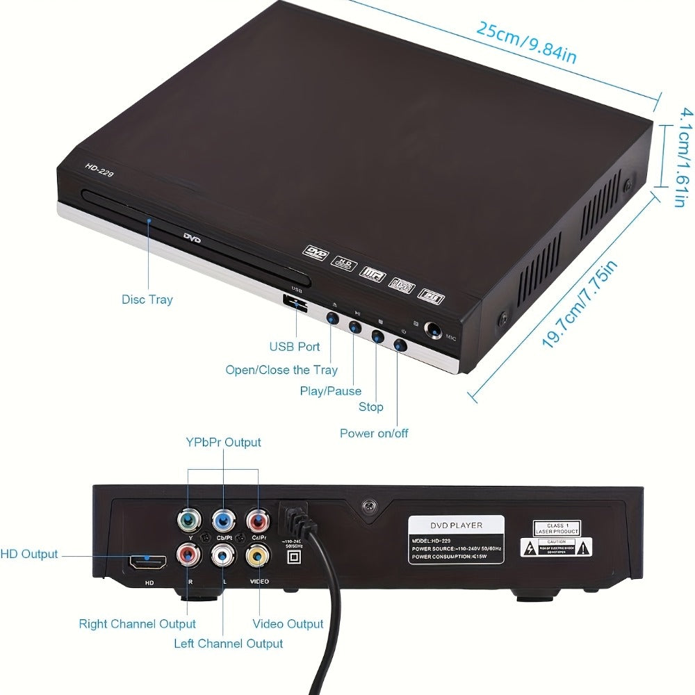 Karaoke DVD Player for Home with Remote Control – All Region CD DVD Player USB Port, Plays DVD CD CD-R CD-RW VCD SVCD DivX MP3, Compact Mini DVD Player for TV HD Picture Quality, Black