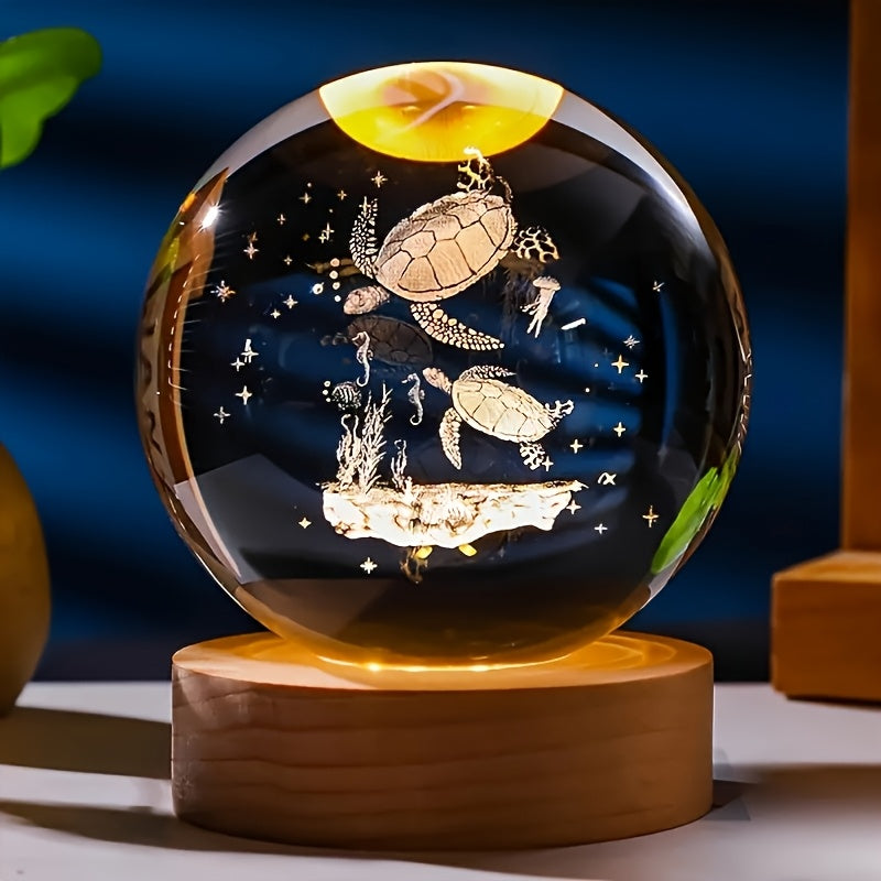 3D Sea Turtle Crystal Ball Night Light – LED Color Glow Glass Orb Lamp with Bamboo Base, Ocean Animal Figurine Desk Light for Home Bedroom Decor, Unique Gift for Turtle Lovers, Elders & Friends (2.36in)